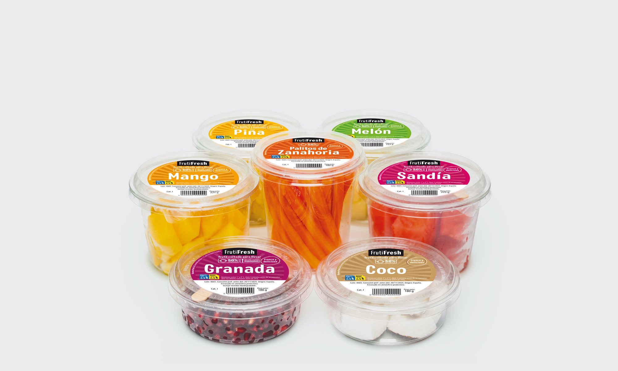 Gama de tarrinas FrutiFresh de fruta cortada: piña, melón, mango, sandía, granada, coco y palitos de zanahoria