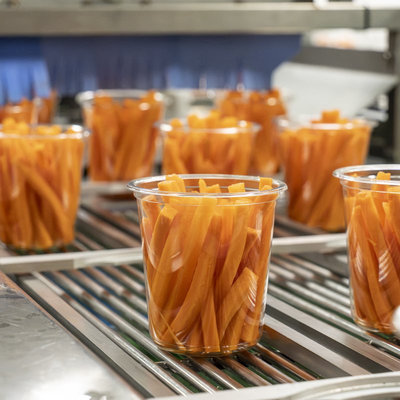 Tarrinas de palitos de zanahoria avanzando por la línea de envasado